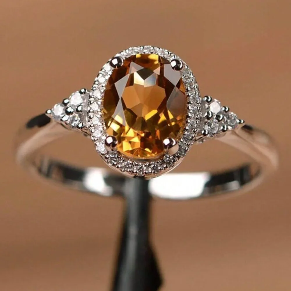 Sterling Silver 925 Oval Citrine & Moissanite Halo Ring